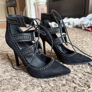 Topshop Black Lace-Up Studded Heels